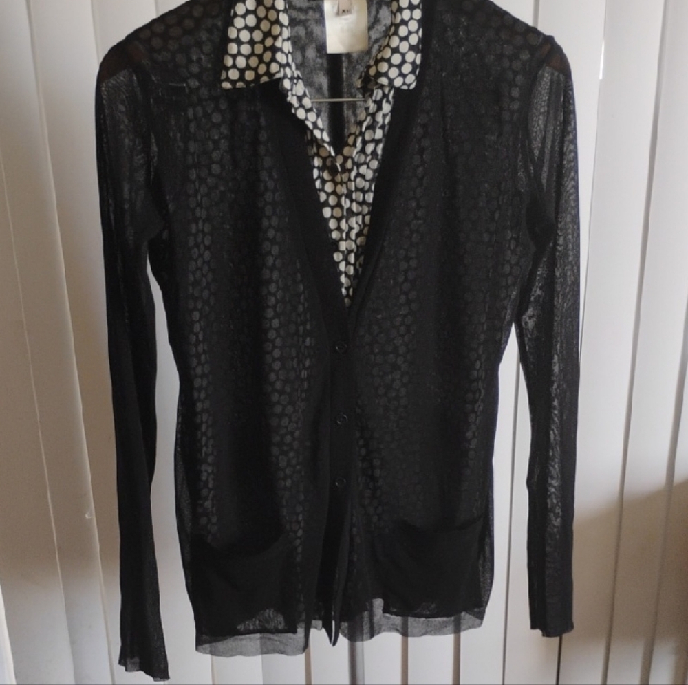 Fuzzi Black Sheer Polka Dot 2 Layered Button-Up Top